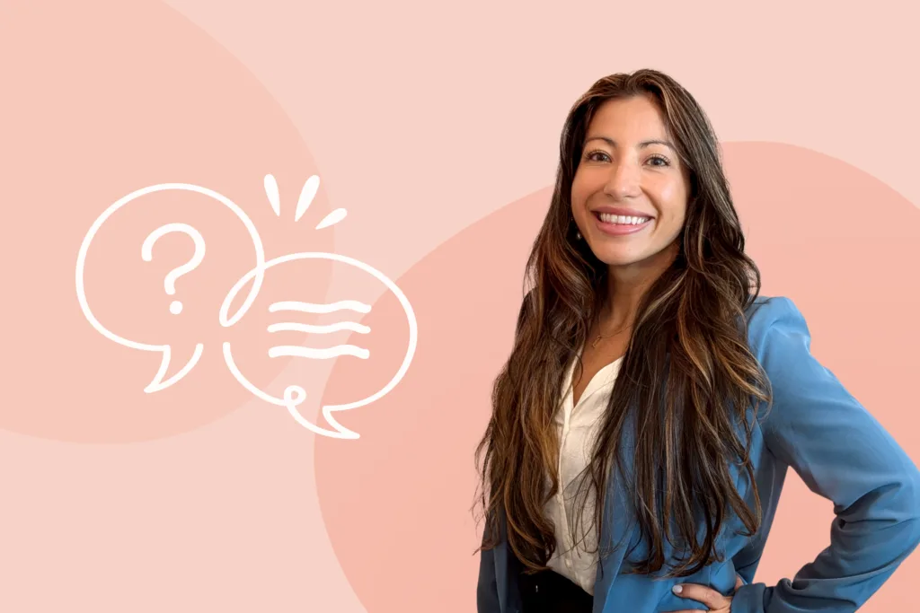 Linda Franco, Director of Patient Care at Coral, smiling in a blue blazer against a peach background with speech bubble graphics.