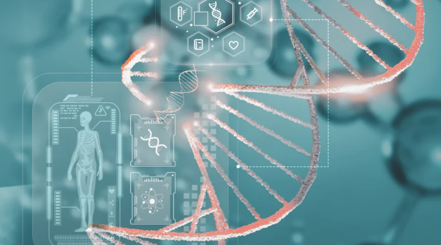 A digital illustration of a glowing DNA double helix structure with human skeletal overlays and medical data graphics, representing optimal biomarker testing.