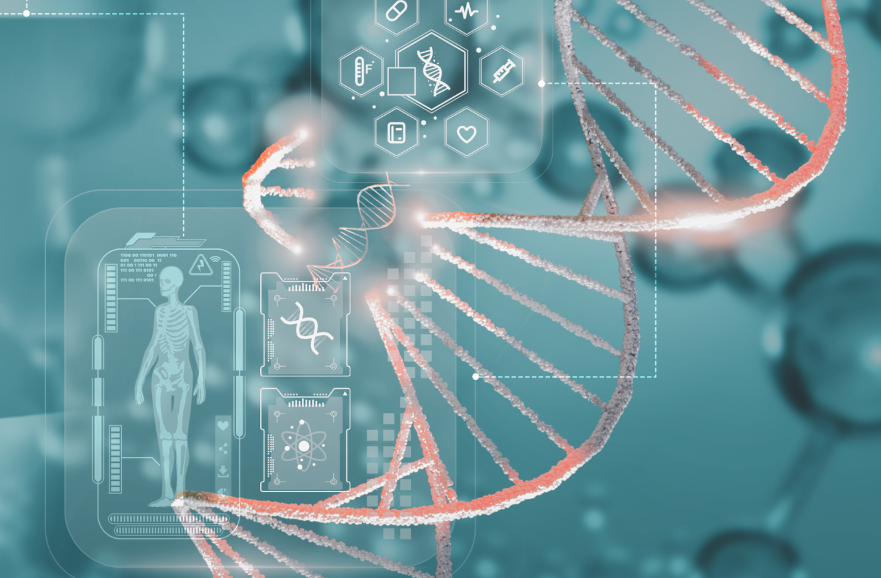 A digital illustration of a glowing DNA double helix structure with human skeletal overlays and medical data graphics, representing optimal biomarker testing.