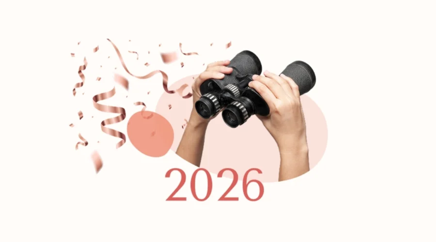 A pair of hands holding binoculars surrounded by rose gold confetti and the number 2026, illustrating key developments in women's health trends.