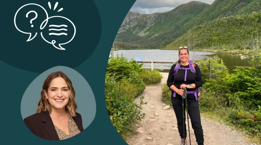 A composite image featuring Coach Nicole Lebel in a professional headshot and a lifestyle photo of her hiking by a mountain lake, representing her journey in health and wellness coaching.