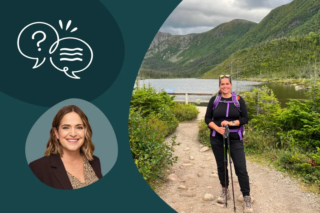 A composite image featuring Coach Nicole Lebel in a professional headshot and a lifestyle photo of her hiking by a mountain lake, representing her journey in health and wellness coaching.