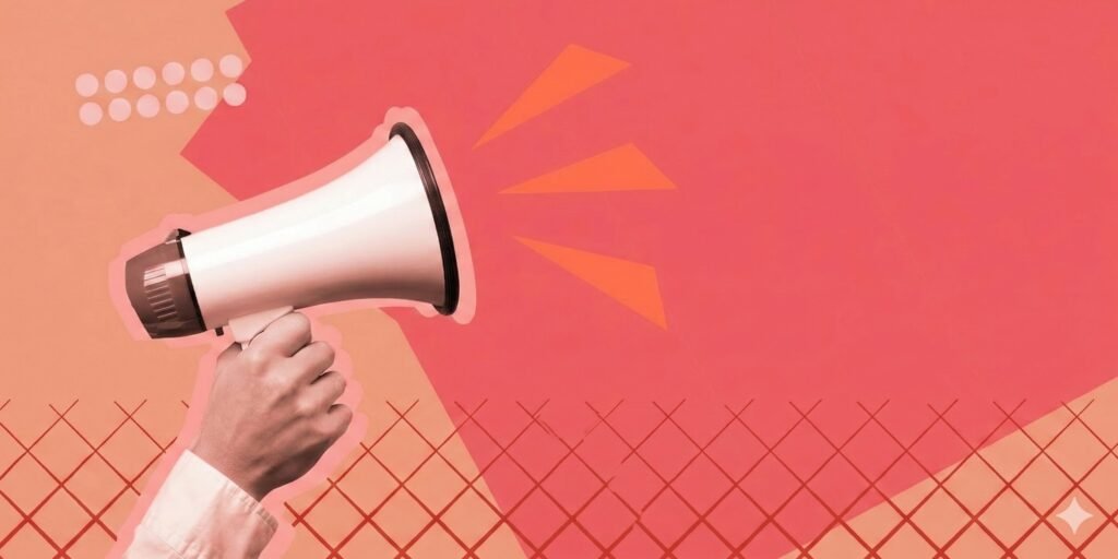 A hand holding a megaphone against a vibrant coral and peach background, representing patient advocacy and self-expression in healthcare.