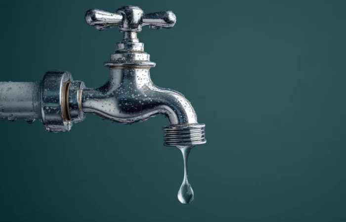 Un robinet d'argent qui fuit, symbolisant le cycle des infections urinaires à répétition et les symptômes urinaires liés à la périménopause.