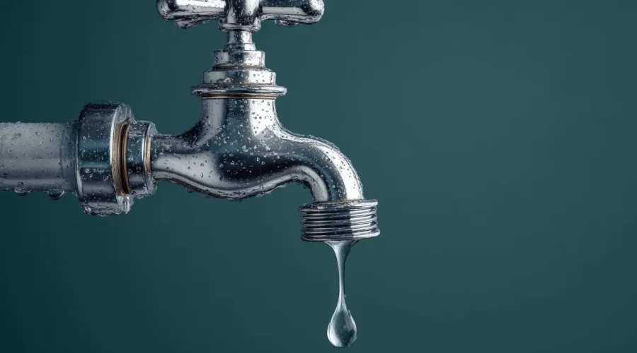 Un robinet d'argent qui fuit, symbolisant le cycle des infections urinaires à répétition et les symptômes urinaires liés à la périménopause.