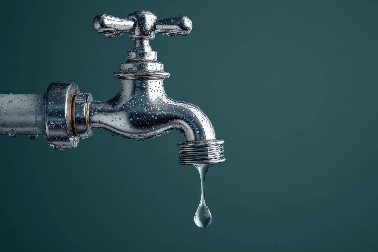 A dripping silver faucet representing the persistent cycle of recurrent UTIs and urinary urgency common during perimenopause and menopause