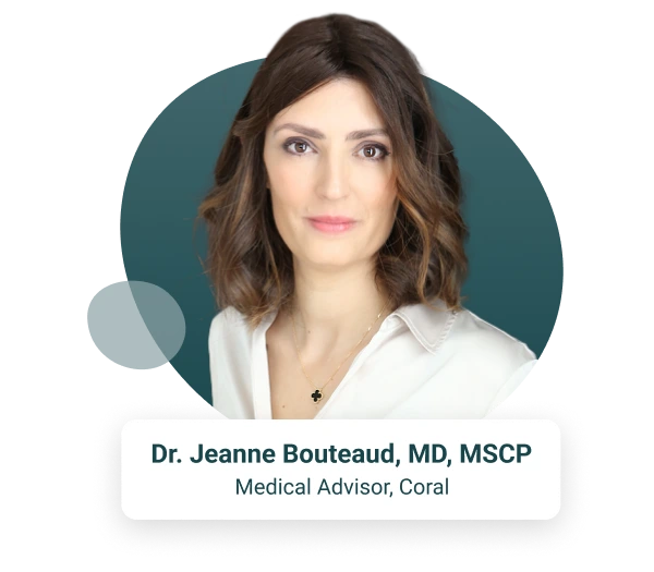 Doctor Jeanne Bouteaud, Medical advisor at Coral, on a teal background.