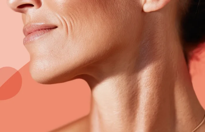 Close-up of healthy skin over 40 showing natural texture and resilience on the face and neck.