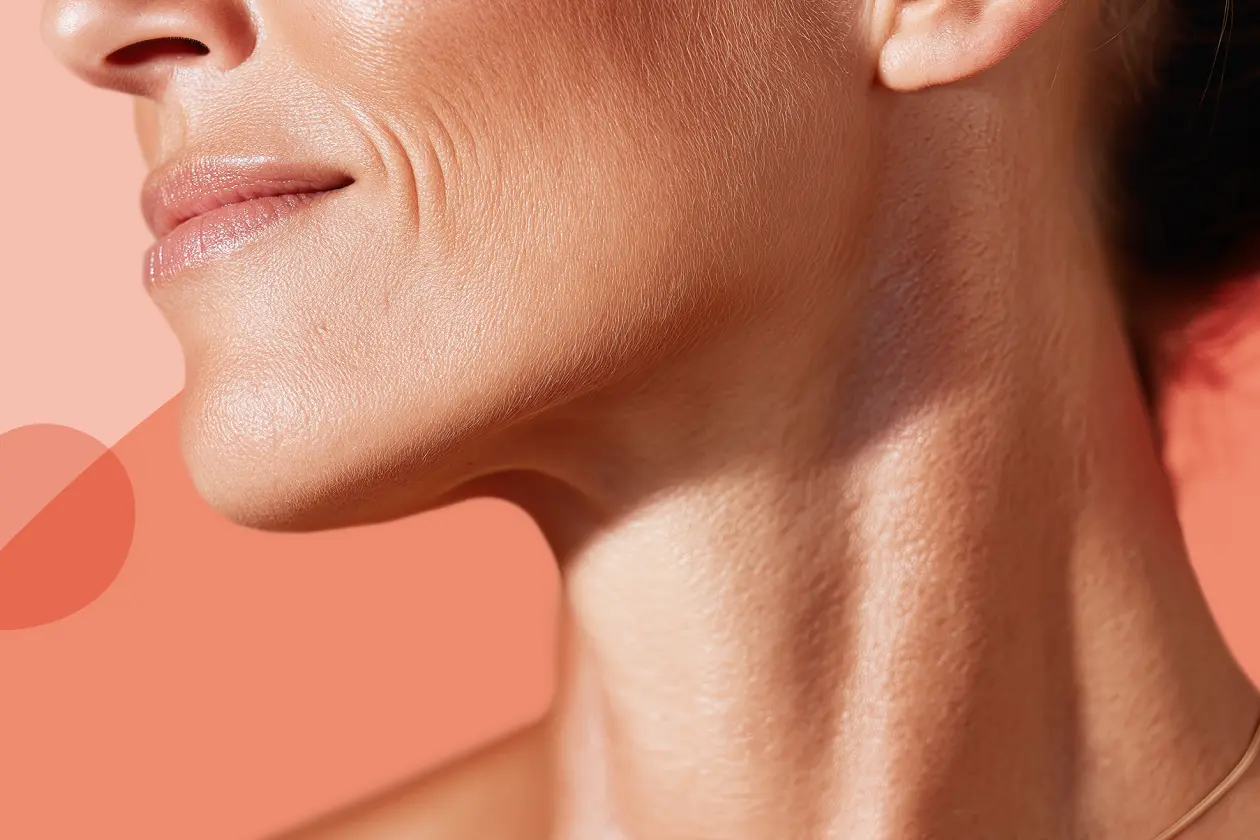 Close-up of healthy skin over 40 showing natural texture and resilience on the face and neck.