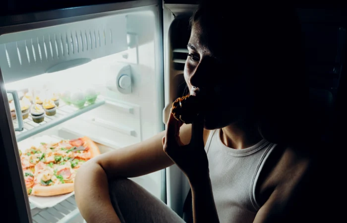 A woman eating a snack in the dark while illuminated by an open refrigerator, illustrating late-night cravings driven by perimenopause hormonal shifts.
