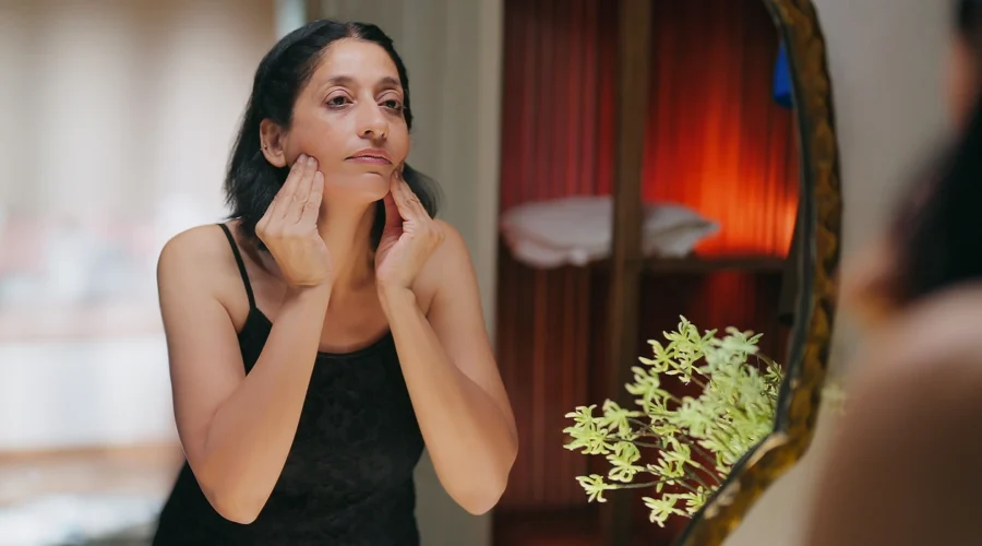 Femme qui examine sa mâchoire et sa peau dans un miroir, un signe courant du visage de la ménopause
