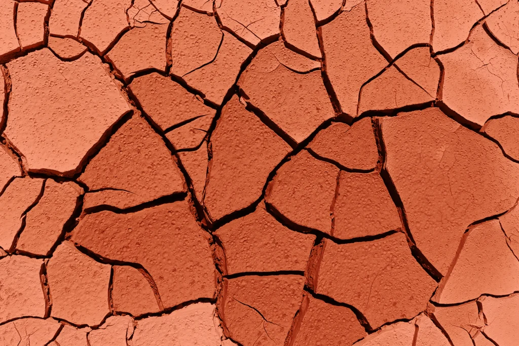 Close-up of cracked, dry terracotta-toned earth, symbolizing dry, cracked skin during menopause