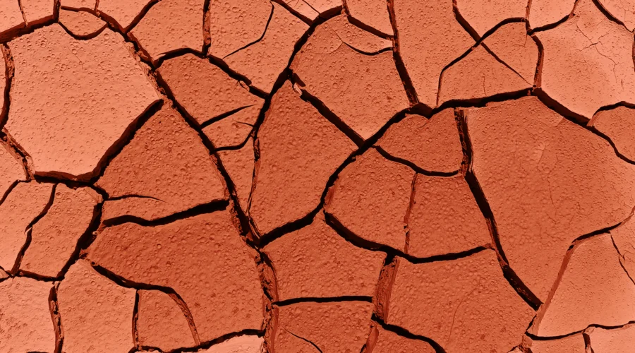 Gros plan sur de la terre sèche et craquelée aux tons terracotta, symbolisant la peau sèche et craquelée pendant la ménopause