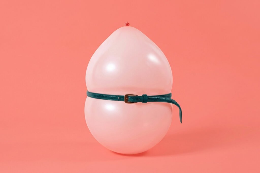 Pink balloon pinched at the middle by a belt, a visual metaphor for menopause bloating
