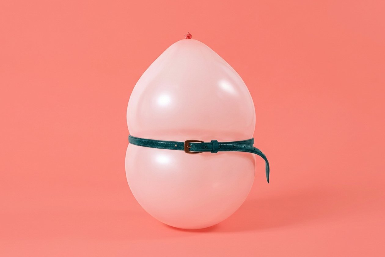 Pink balloon pinched at the middle by a belt, a visual metaphor for menopause bloating