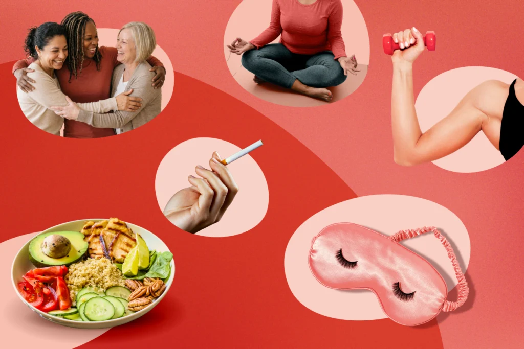 Moments du quotidien illustrant les six piliers de la santé : communauté, mouvement, alimentation et sommeil