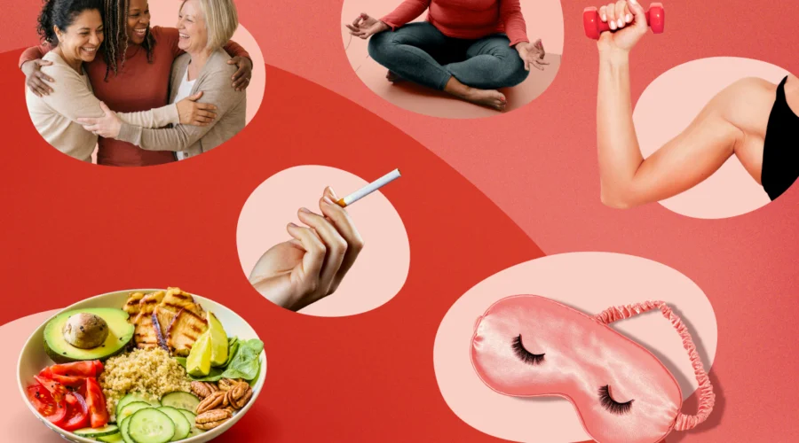 Moments du quotidien illustrant les six piliers de la santé : communauté, mouvement, alimentation et sommeil