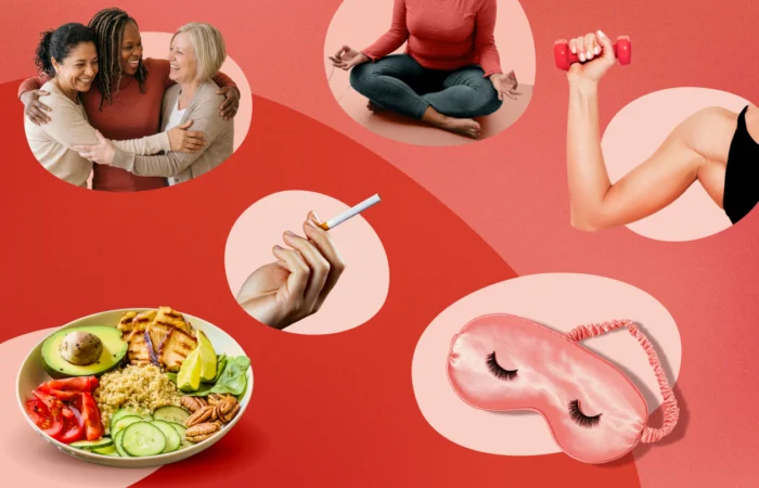 Everyday moments representing the six pillars of health span: community, movement, nutrition, sleep, and mental well-being